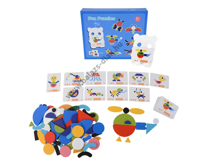 Fa Tangram játék mintákkal, állvánnyal